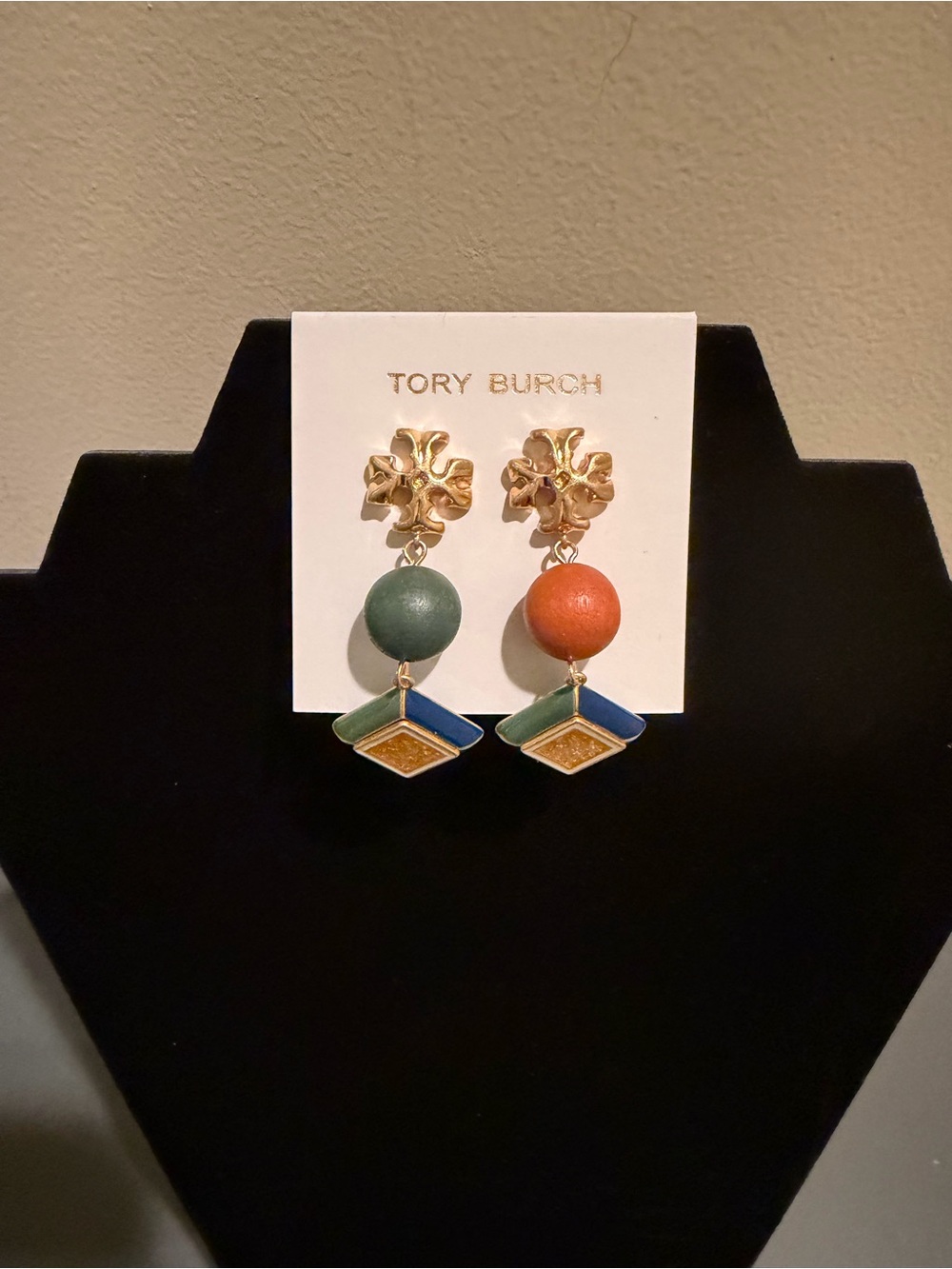 Tory Burch Gold Drop Earrings with Green and Orange Beads